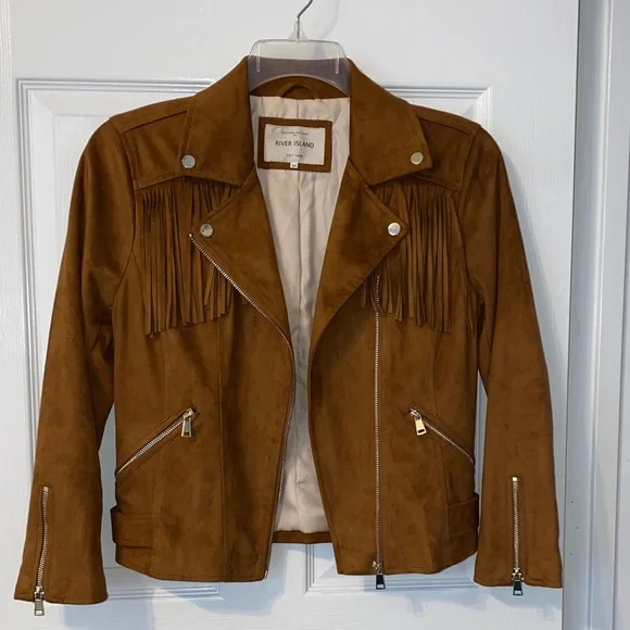 NWOT River Island Brown Fringe Moto Jacket - Picture 3 of 16